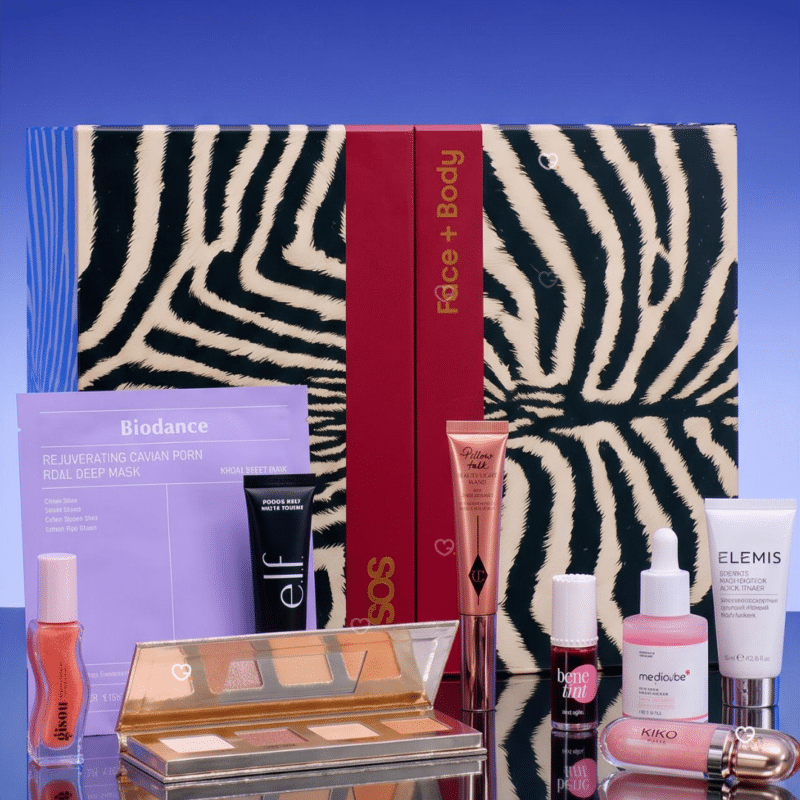 ASOS Advent Calendar 2026 with all 25 beauty products laid out in front of the zebra box