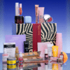 Selection of ASOS Advent Calendar 2026 makeup and skincare products on lilac blocks