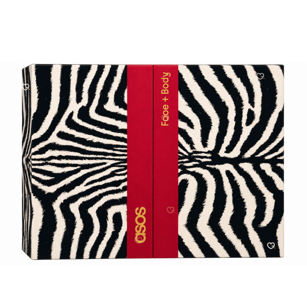ASOS Face + Body Advent Calendar 2026 closed zebra-print box with red band and gold logo