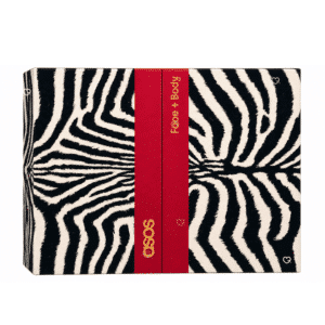 ASOS Face + Body Advent Calendar 2026 closed zebra-print box with red band and gold logo