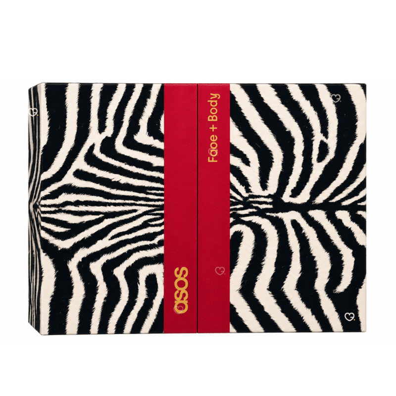 ASOS Face + Body Advent Calendar 2026 closed zebra-print box with red band and gold logo