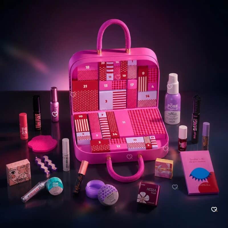 Benefit makeup advent calendar 2026 open suitcase revealing 24 numbered doors