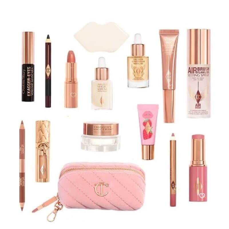 The full contents of the Charlotte Tilbury Hollywood Beauty Wonderland Advent Calendar 2026, fifteen products laid out