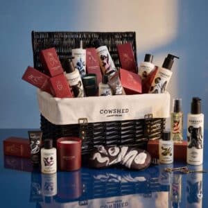 Cowshed Advent Calendar 2026 contents, 24 body care products in the open wicker hamper
