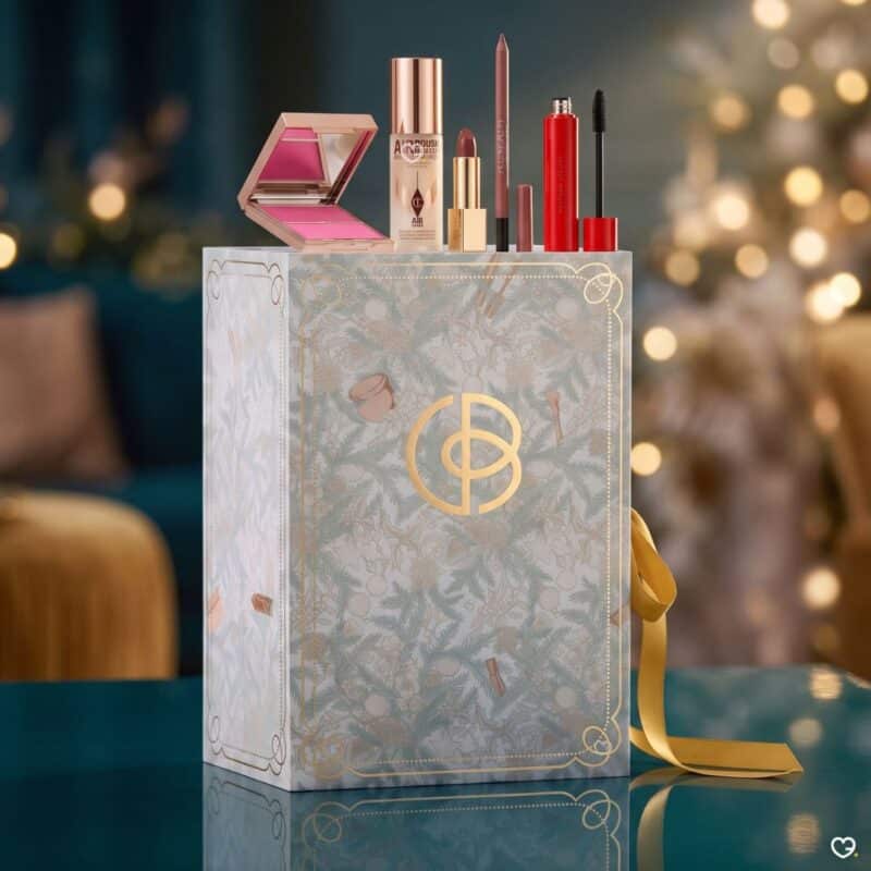 Cult Beauty Advent Calendar 2026 styled in a festive Christmas scene with lights and gold ribbon