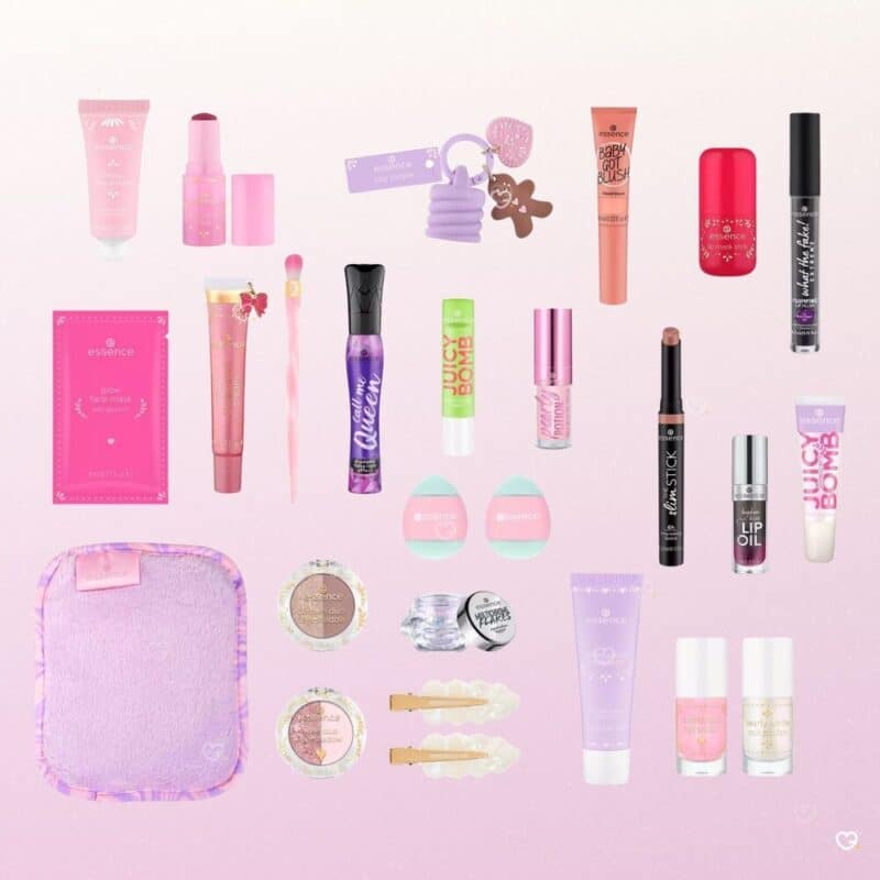 All 24 vegan products from the essence Advent Calendar 2026 laid flat