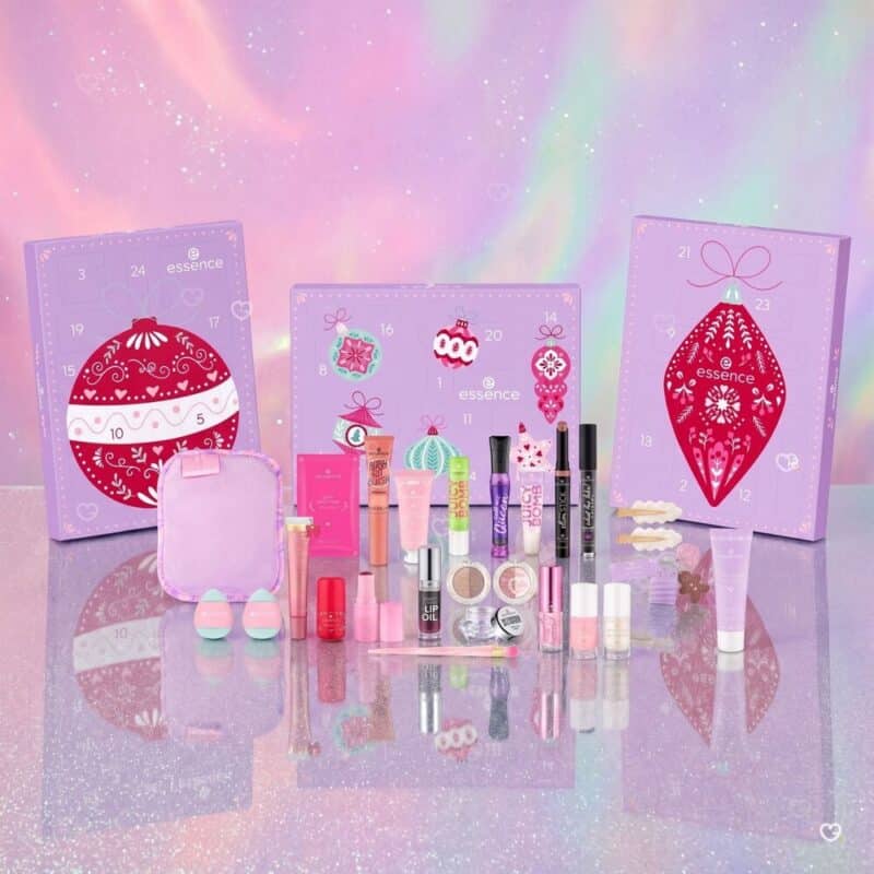 essence Advent Calendar 2026 triptych panels unfolded with makeup products