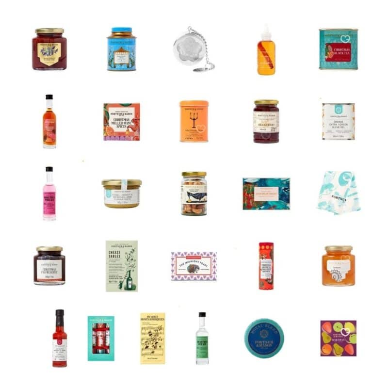 Fortnum's Feasting Advent Calendar 2026 all 26 gourmet products laid out on white
