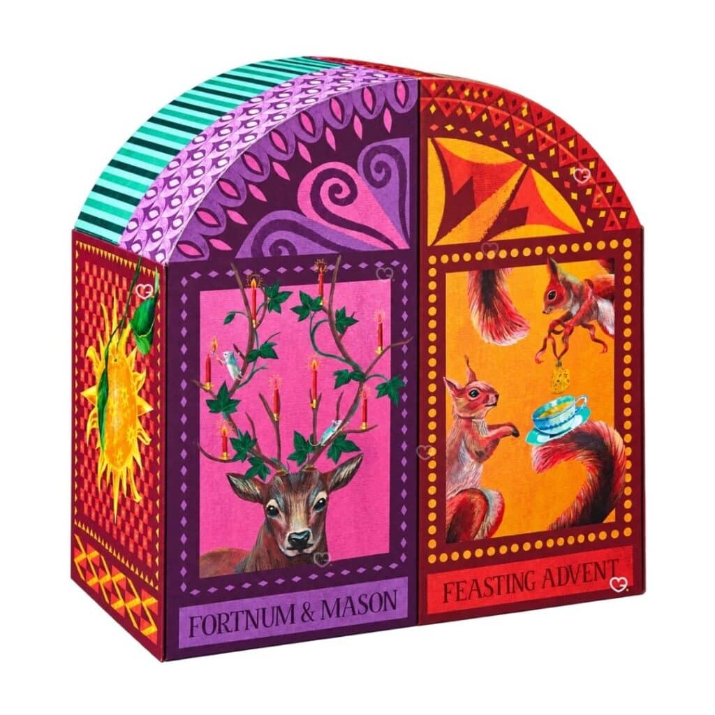 Fortnum's Feasting Advent Calendar 2026 closed illustrated box on a white background