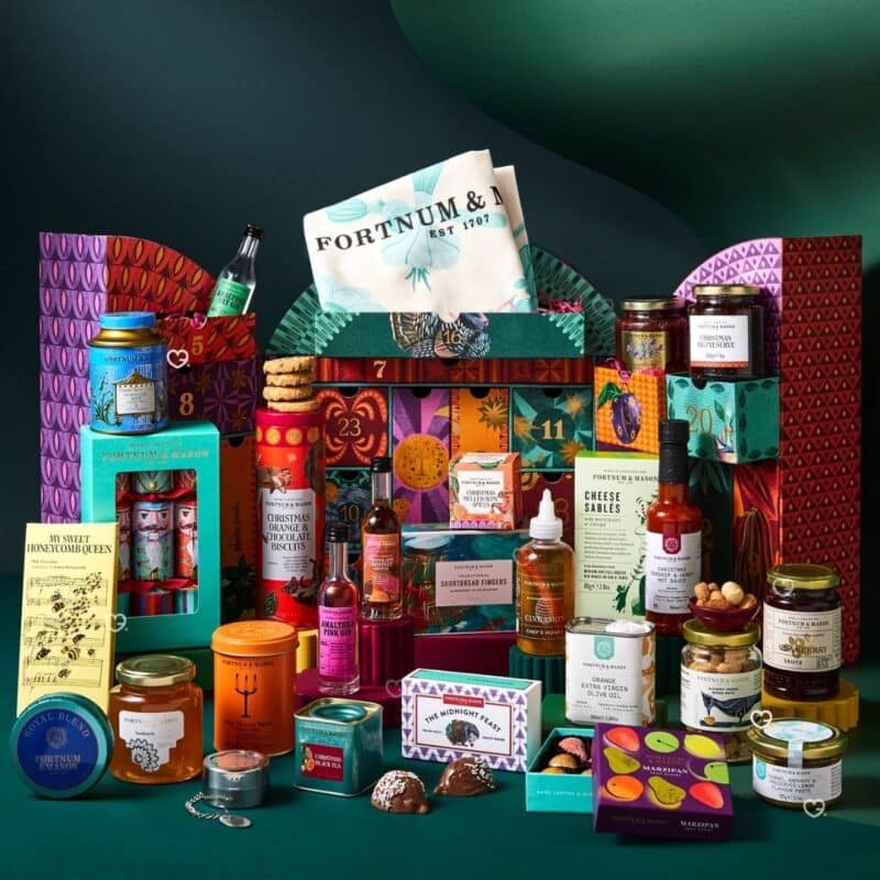 Fortnum's Feasting Advent Calendar 2026 full spread of gourmet food and drink