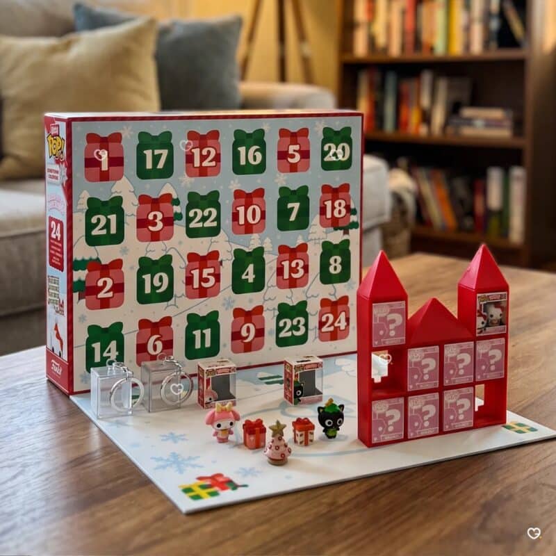 Funko Bitty POP Hello Kitty advent calendar contents: figures, castle, keyrings and accessories laid out