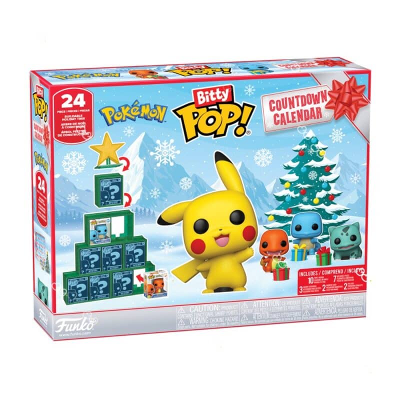 Funko Bitty POP Pokemon Advent Calendar 2026 box front with Pikachu and Christmas tree