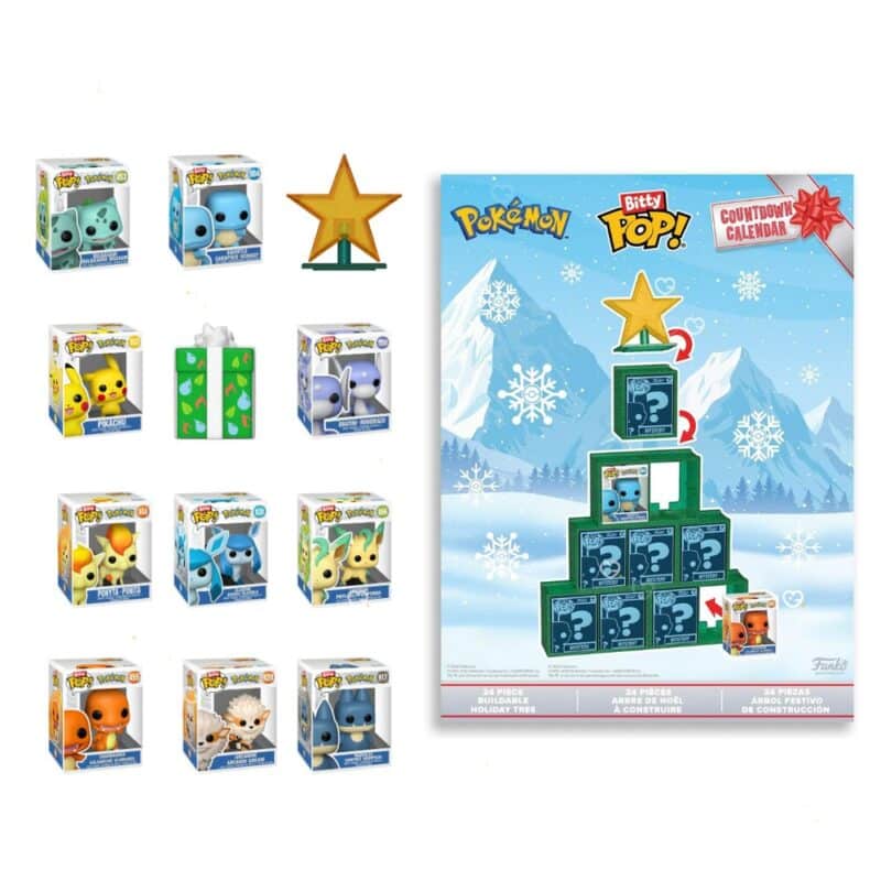 The 10 Bitty POP Pokemon figures in acrylic cases with the stackable tree pieces