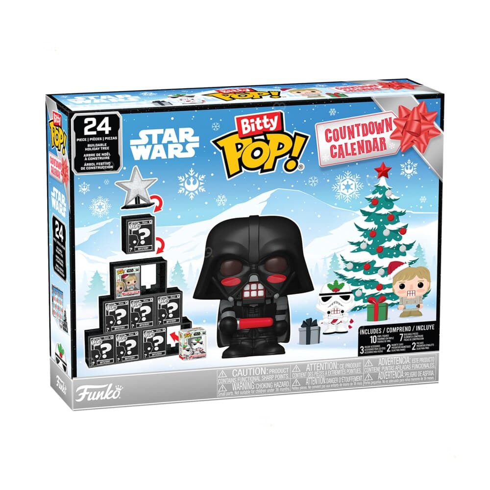 Funko Bitty POP Star Wars Advent Calendar 2026 box front showing the 24-door countdown design with Darth Vader, Yoda and original trilogy characters