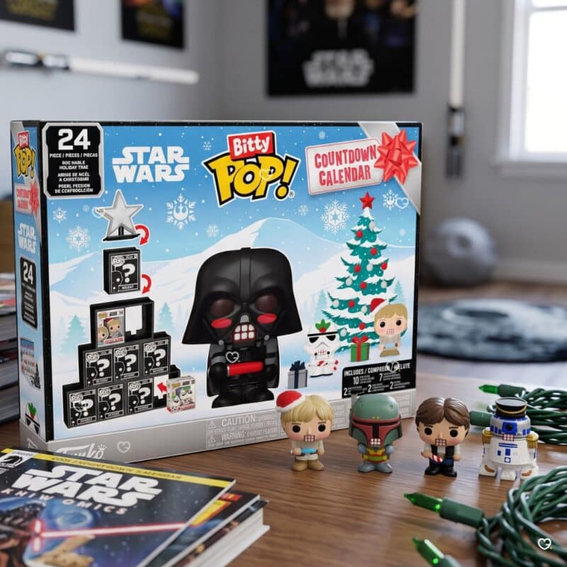 Funko Star Wars Bitty POP advent calendar 2026 opened on a table showing the buildable Christmas tree in progress