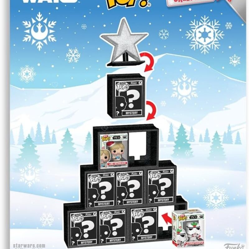 Completed Funko Bitty POP Christmas tree display from the Star Wars advent calendar 2026 with all 10 vinyl figures arranged