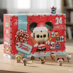 Funko Pocket Pop Disney advent calendar 2026 box beside its exclusive Christmas figures