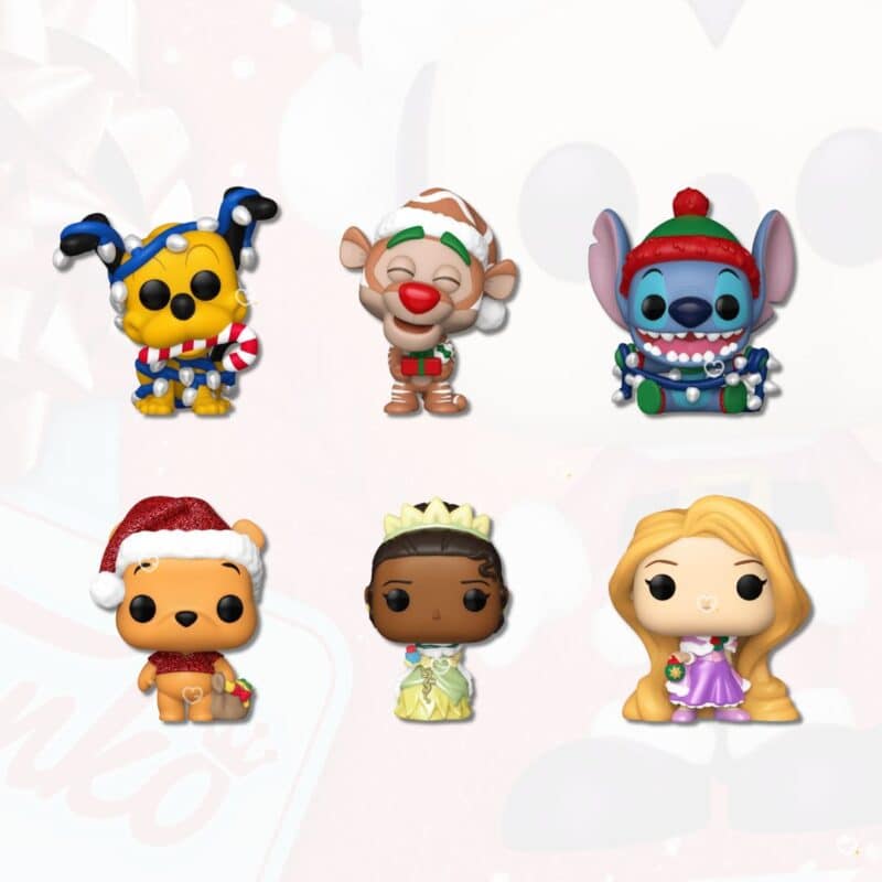 Close-up of exclusive Funko Pocket Pop Disney Christmas figures