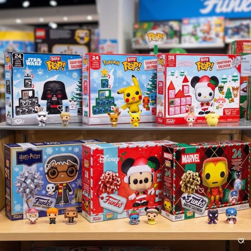 Funko advent calendar range on a shelf including the Pocket POP Harry Potter 2026, Bitty POP Star Wars, Pokemon, Hello Kitty, Disney and Marvel editions