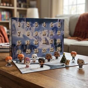 Funko Pocket POP Harry Potter Advent Calendar 2026 displayed in a living room, open box with the gingerbread trio and Dumbledore figures, 3.8 cm vinyl