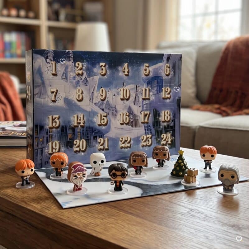 Funko Pocket POP Harry Potter Advent Calendar 2026 displayed in a living room, open box with the gingerbread trio and Dumbledore figures, 3.8 cm vinyl