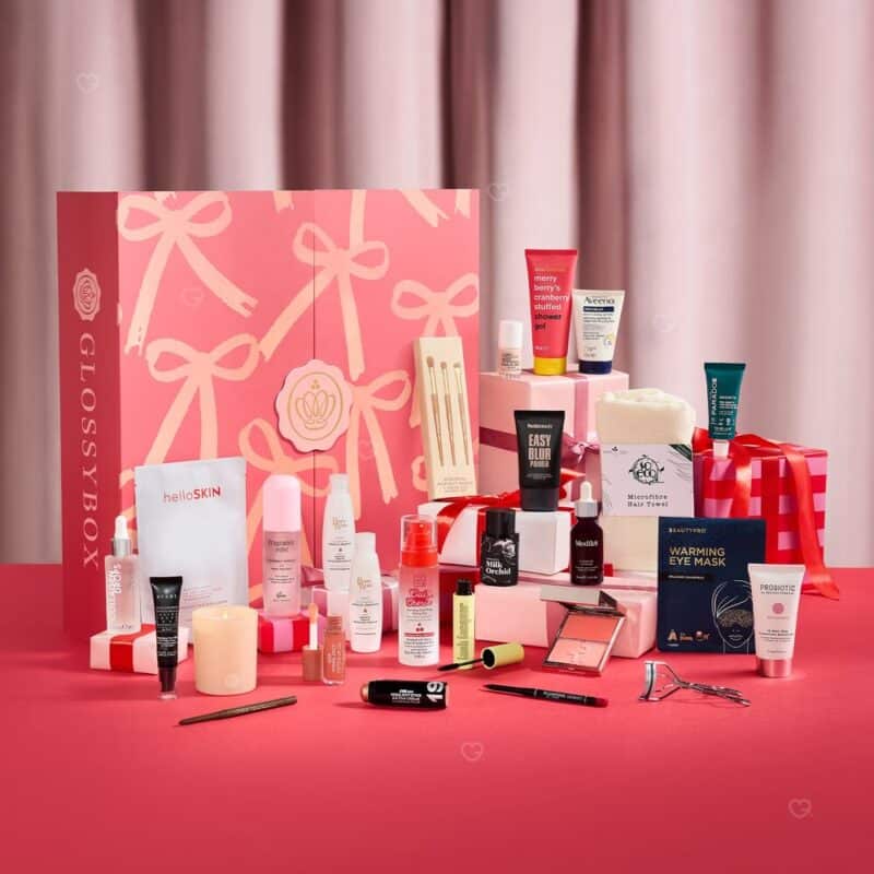 Glossybox Advent Calendar 2026 box with full-size skincare and make-up products laid out