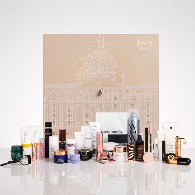 Harrods Beauty Advent Calendar 2026 box with all luxury beauty products displayed