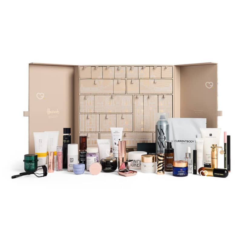 Harrods Beauty Advent Calendar 2026 open showing interior doors and full contents