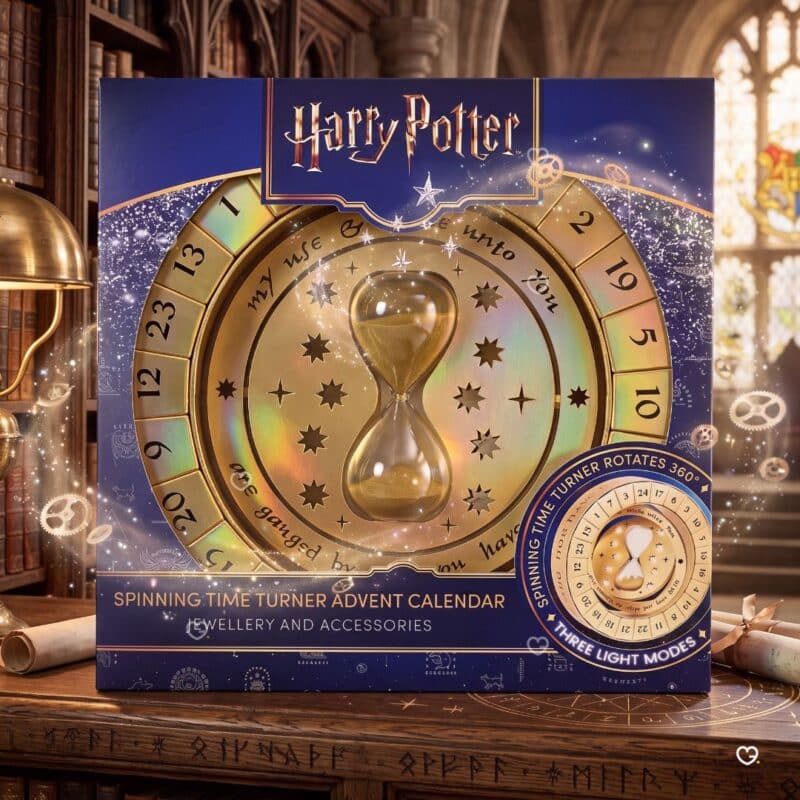 Harry Potter Spinning Time Turner Advent Calendar retail box showing rotates 360 degrees and three light modes