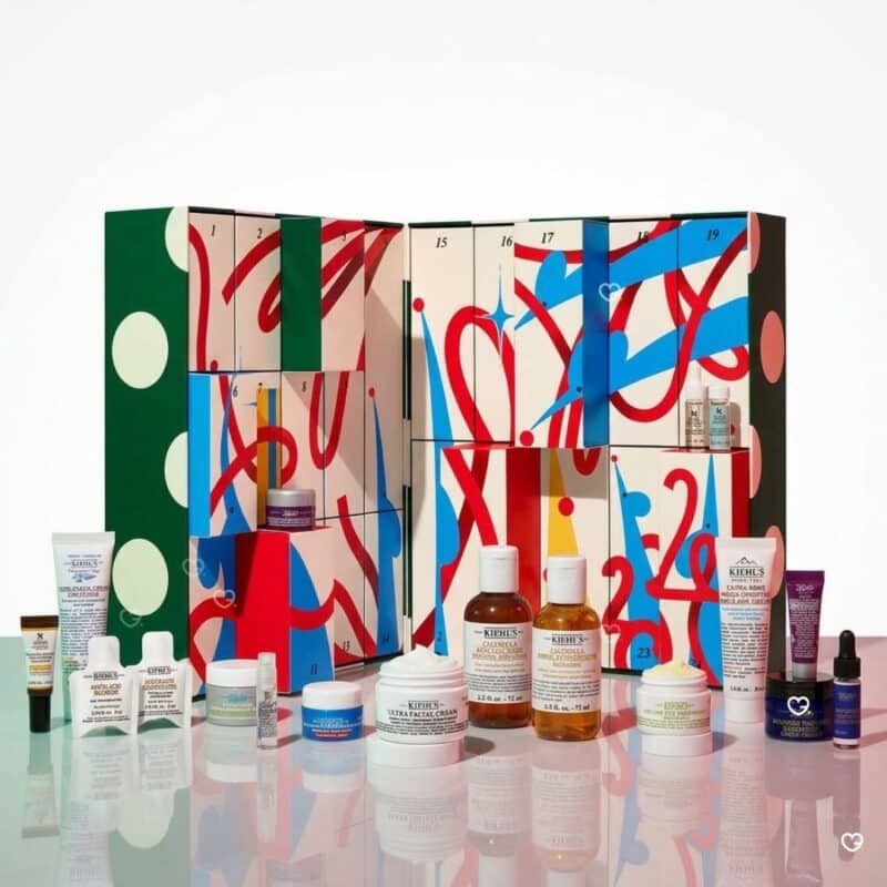 Kiehl's Advent Calendar 2026 opened showing all 24 skincare products lined up