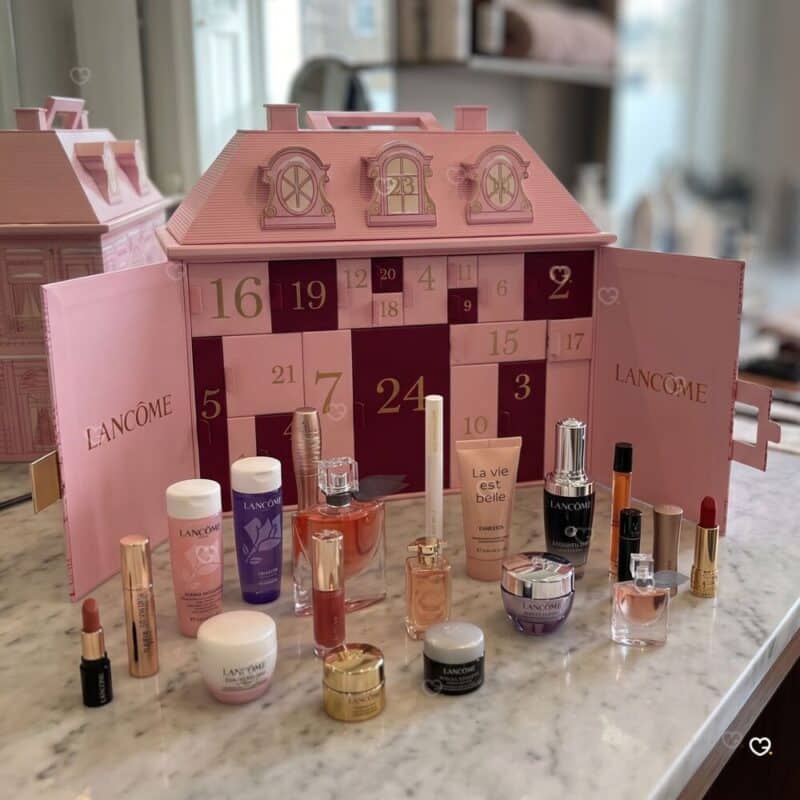 Lancôme Advent Calendar 2026 styled on a marble worktop, luxury beauty