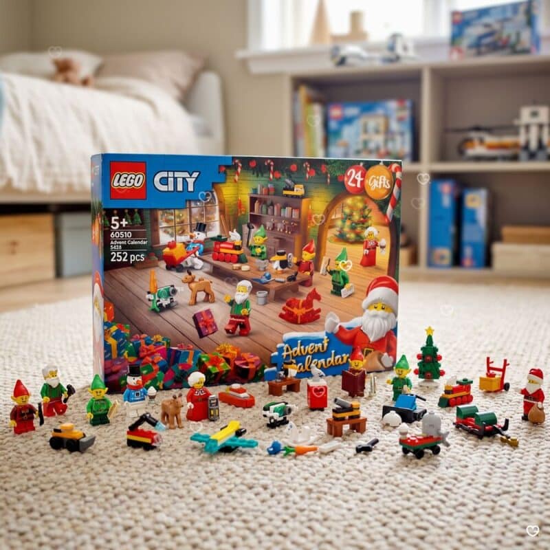 LEGO City 60510 toy advent calendar with all 252 pieces displayed in front of the box