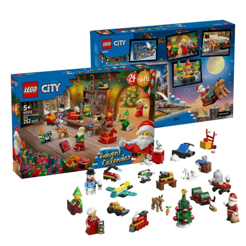 LEGO City 60510 advent calendar box front and back with the full 2026 contents