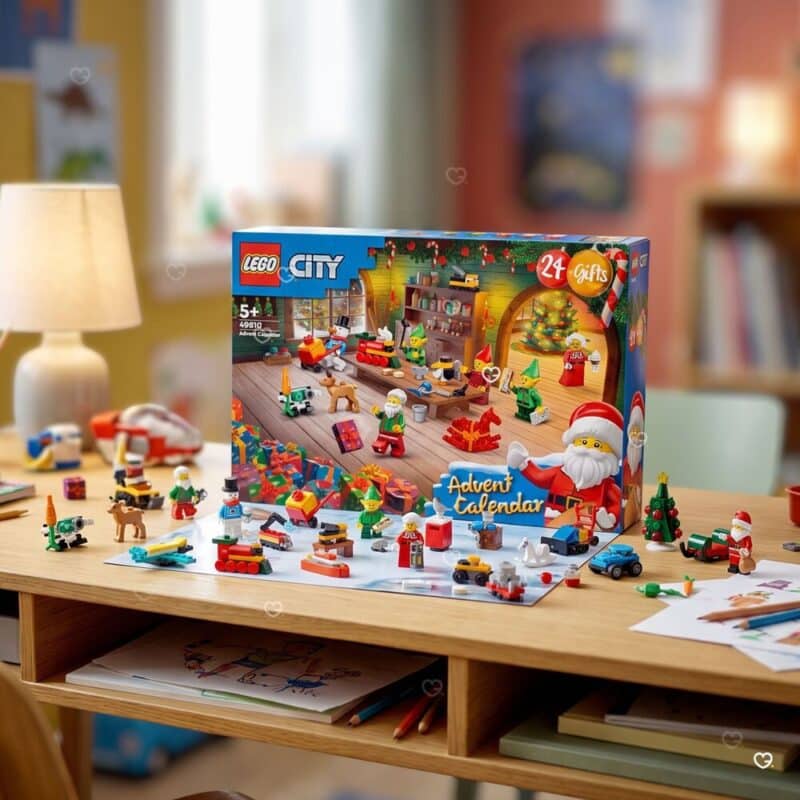 LEGO City 60510 kids advent calendar box with its 24 mini-builds laid out on a desk