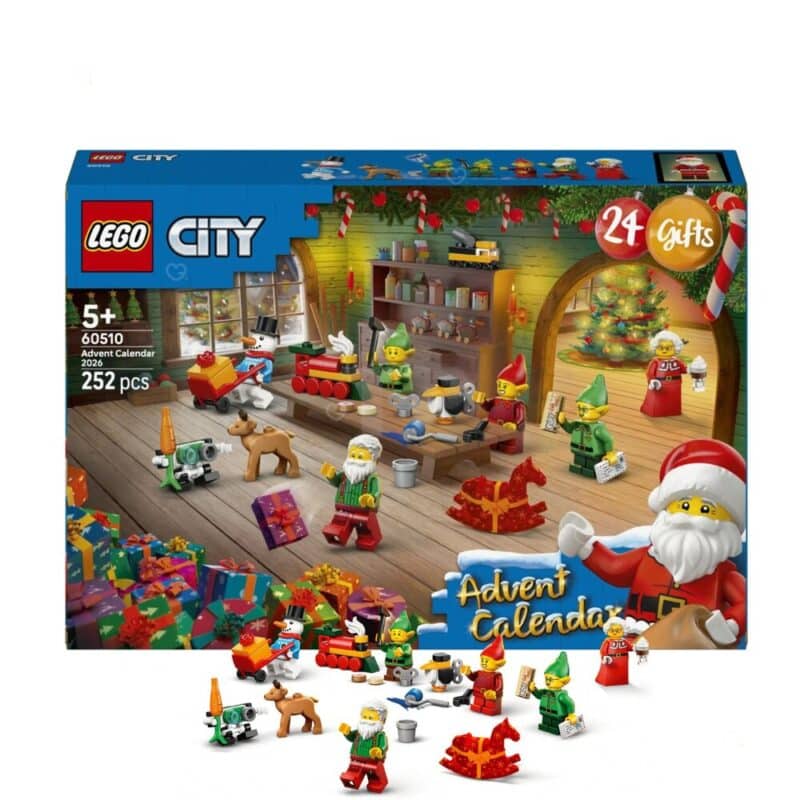 LEGO City Advent Calendar 60510 box beside its assembled minifigures and mini-builds