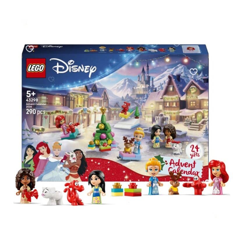 Lego Disney 43298 Advent Calendar 2026 box with the four Disney micro-dolls Ariel, Cinderella, Moana and Mulan and their animals