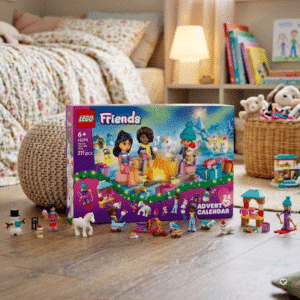 LEGO Friends building advent calendar 42698 contents displayed in a childs bedroom