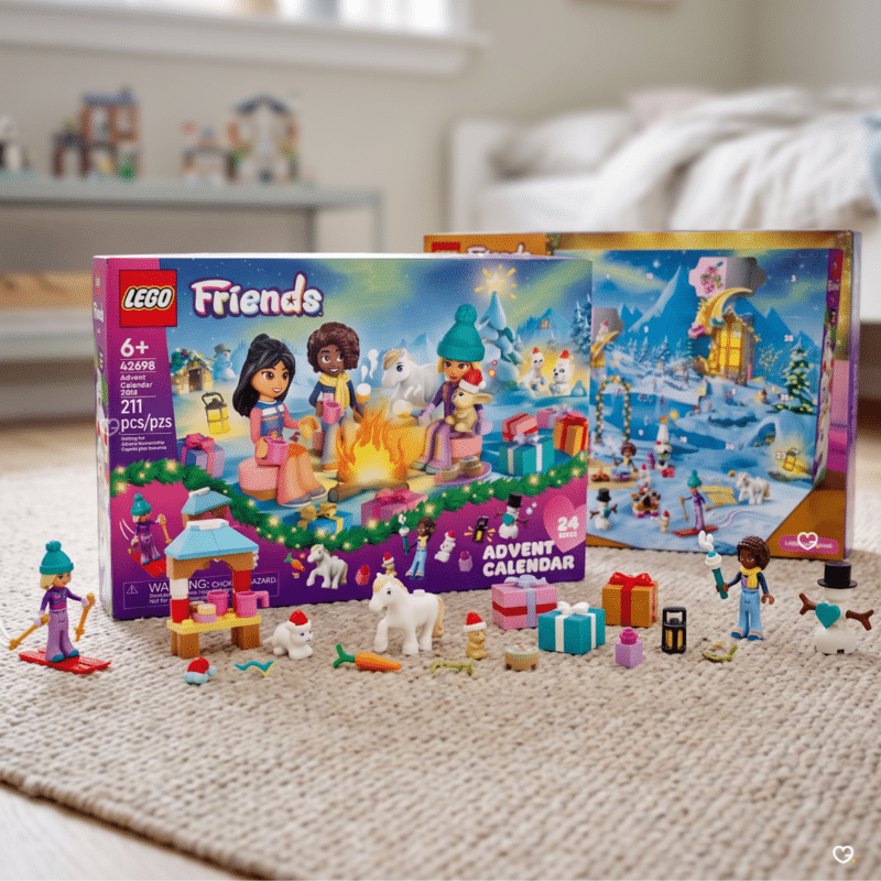 LEGO Friends advent calendar 42698 with 24 doors and mini animals arranged in a living room