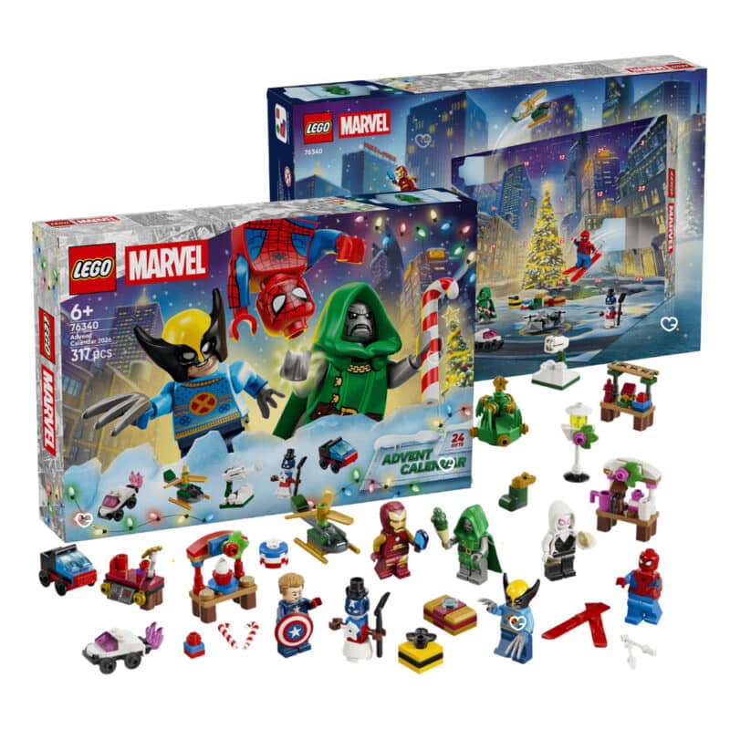 Full contents of the LEGO Marvel Advent Calendar 76340: six minifigures and mini-builds