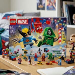 LEGO Marvel advent calendar 2026 set displayed with its built minifigures on a desk