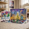 Opened LEGO Marvel Advent Calendar 76340 with its Christmas city backdrop and six Marvel minifigures