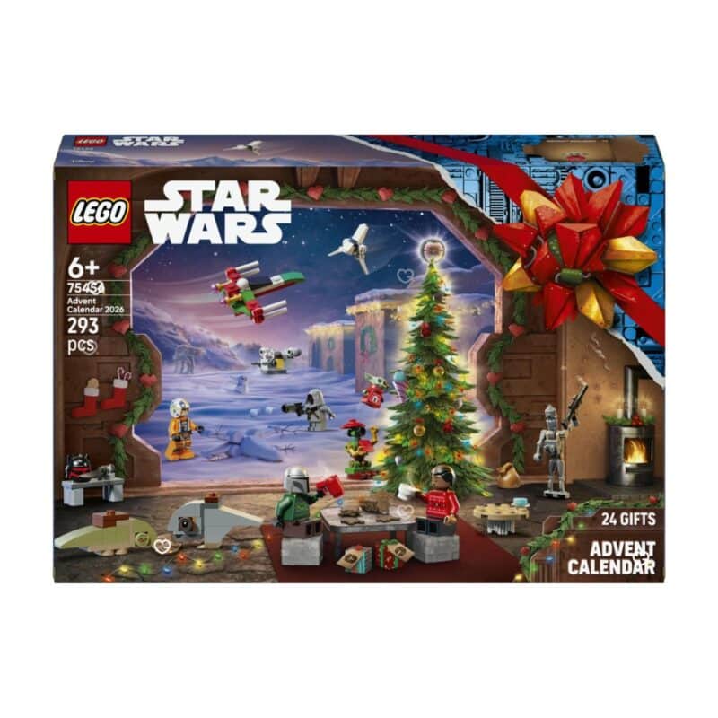 LEGO Star Wars Advent Calendar 2026 (75456) box front showing The Mandalorian winter scene, 293 pieces and 24 doors