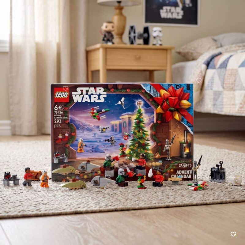 LEGO Star Wars 75456 Advent Calendar box on a bedroom rug with built Mandalorian minifigures
