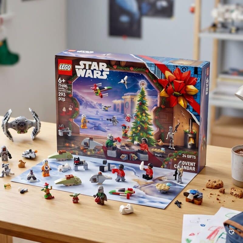 LEGO Star Wars 75456 Advent Calendar box and built pieces on a desk with a TIE Fighter