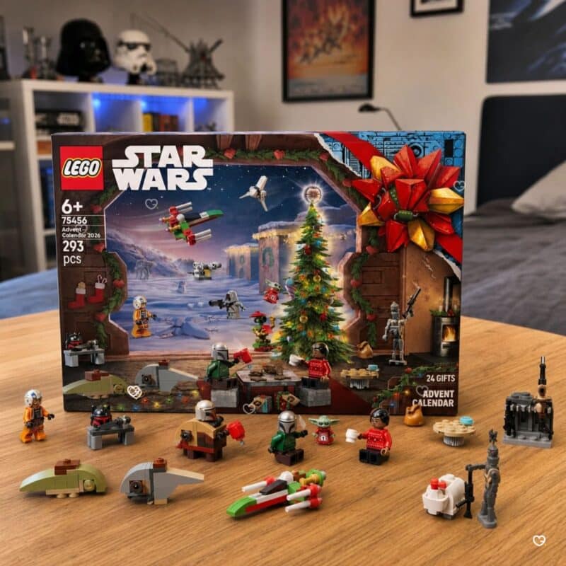 LEGO Star Wars 75456 Advent Calendar minifigures and mini-vehicles on a table, including Mando, Grogu and Moff Gideon