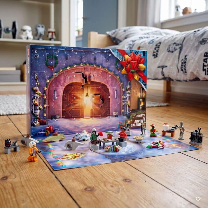 Open LEGO Star Wars 75456 Advent Calendar showing the numbered door display and built figures
