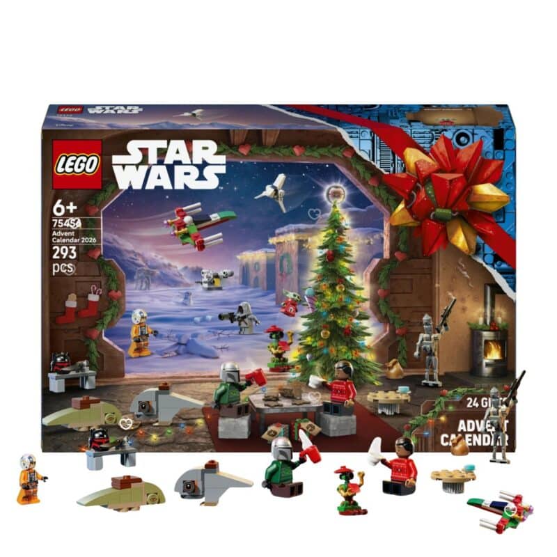 LEGO Star Wars 75456 Advent Calendar box with all 293 pieces, minifigures and vehicles arranged in front