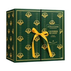 L Occitane Luxury Advent Calendar 2026, deep-green box with golden botanical motif and yellow ribbon, closed, on white background