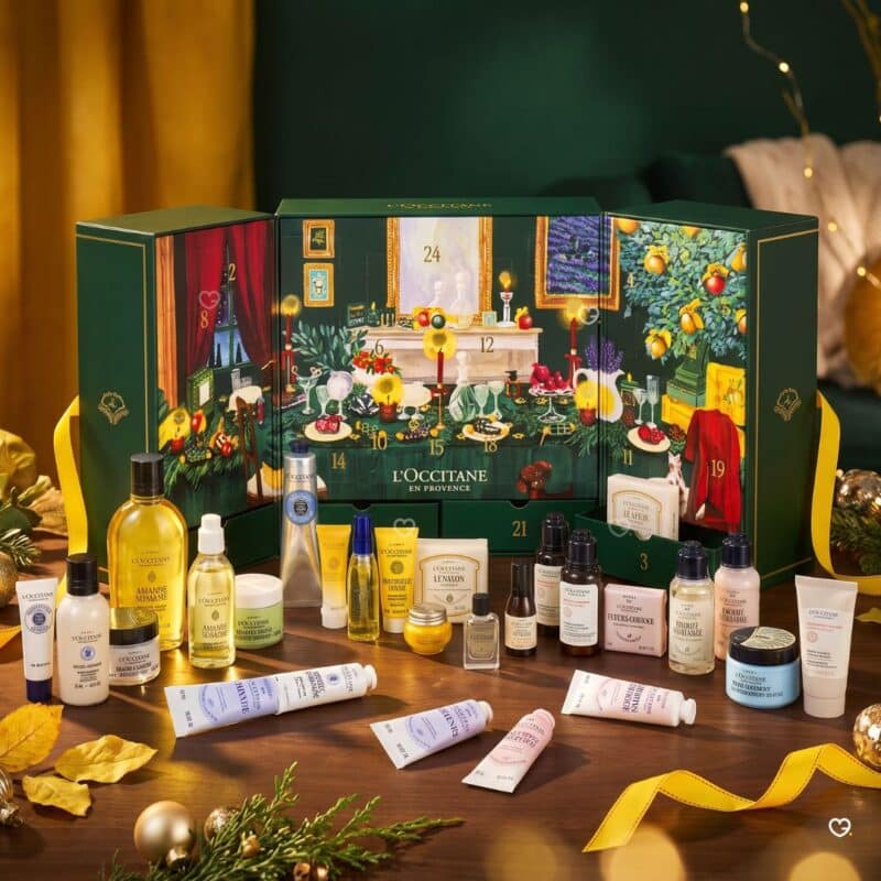 L Occitane Luxury Advent Calendar 2026 open, the 24 beauty products on display, luxury advent calendar UK