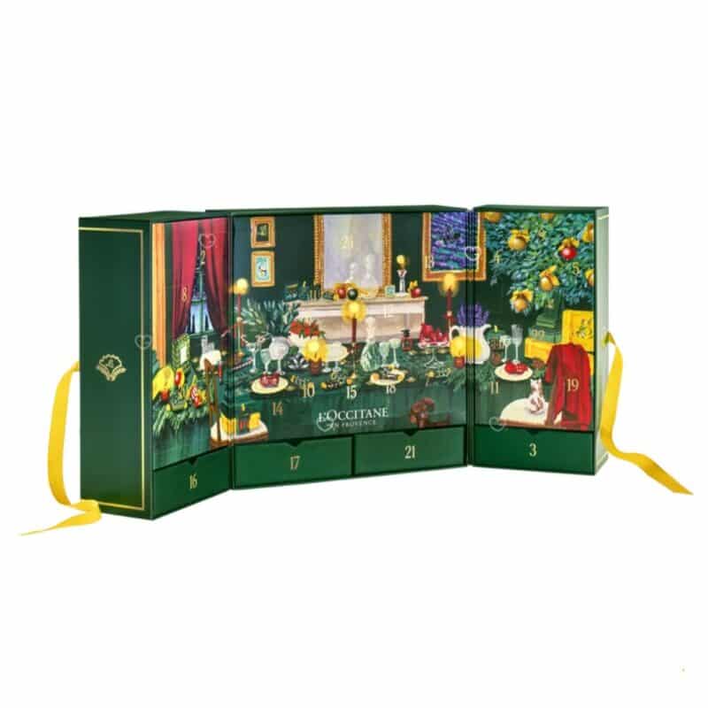 L Occitane Luxury Advent Calendar 2026 fully open, numbered doors and Provencal Christmas interior scene